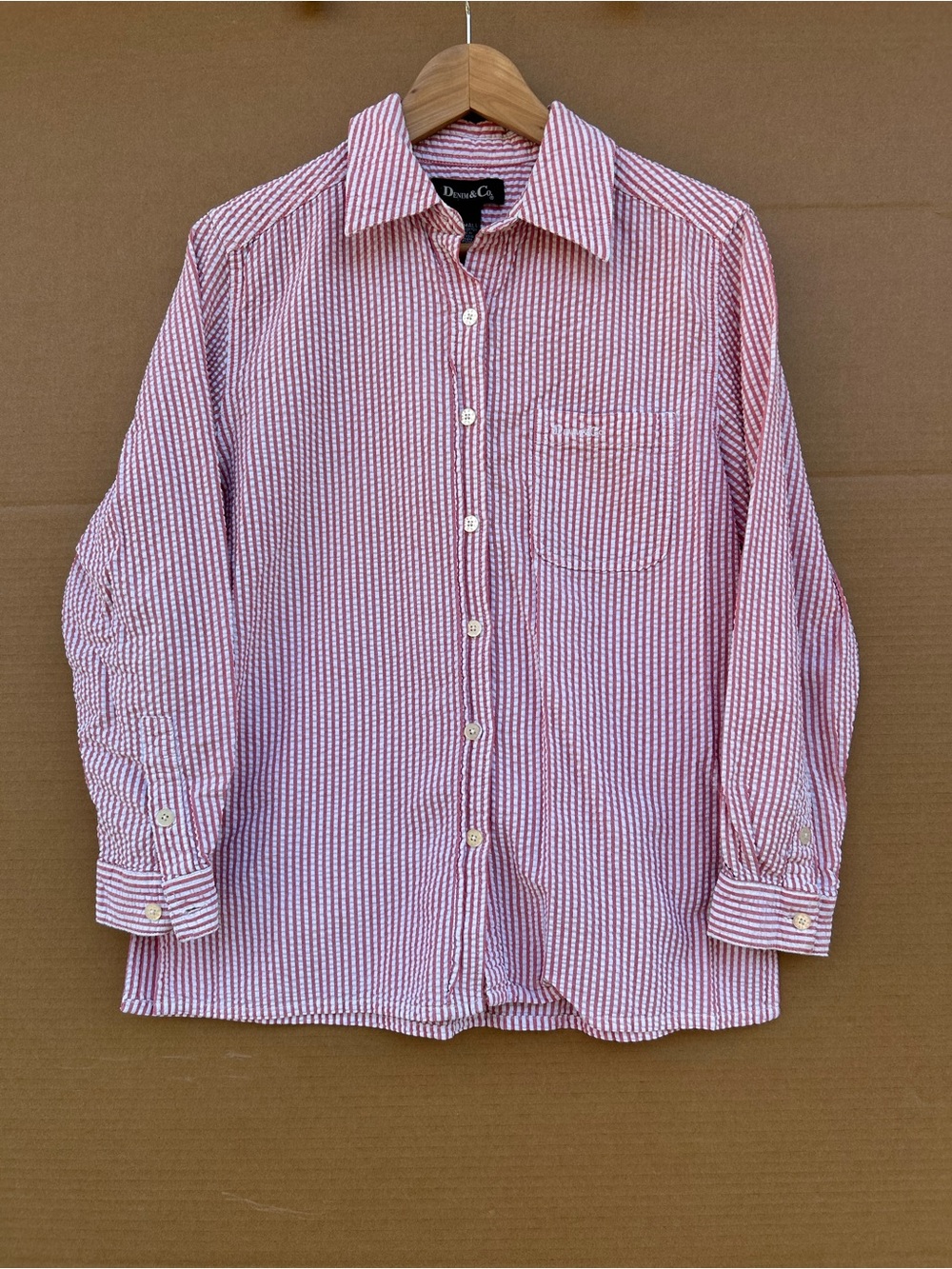 VTG Denim & Co Striped Shirt Women’s XS Seersucker 100% Cotton 90s Pink White